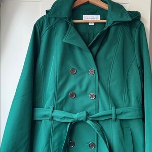 Liz Claiborne Teal double-breasted trench coat with belt and detachable hood